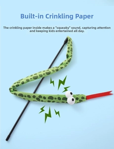 Detailed view of green snake-shaped cat wand toy with built-in crinkle paper for interaction