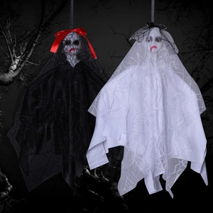Halloween Hanging Ghost Bride Decoration Satin Cloth Mesh Skeleton Skull Prop Haunted House Party Horror Gothic Dark Decor