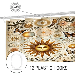 Detail of bohemian shower curtain with 12 plastic hooks and 0.4 inch metal grommets