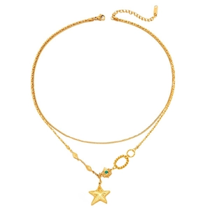 Bohemian style 14K gold double layer stainless steel necklace with green stone and star pendant