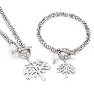 Hip-hop style stainless steel Tree of Life jewelry set with pearl and OT buckle