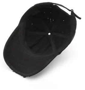 Detail shot of black washed baseball cap interior showing stitching and metal button