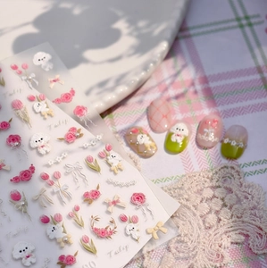Autocollants nail art 3D en relief avec tulipes roses, roses et mignons chiens blancs