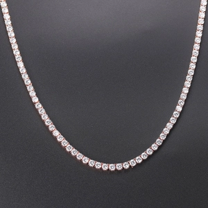 Detailed macro view of rose gold tennis necklace with round-cut sparkling cubic zirconia