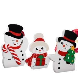 Set of 3 wooden Christmas snowman figurines with gift box, tree and candy cane decor