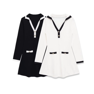 Women Elegant Long Sleeve Mini Dress V Neck Collar Gold Buttons Patchwork Color Block Stretch Knit Slim Fit Office Wear