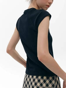 Slim fit black cap sleeve raglan T-shirt for women in a minimalist solid casual style