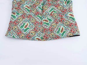 Close-up of vibrant paisley and geometric print on a cotton coat hemline with detailed stitching