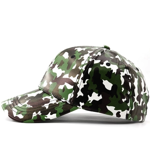 Detail view of the green jungle camouflage PU leather baseball cap with curved brim
