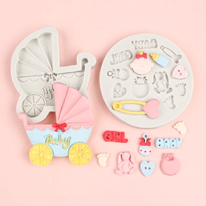 Baby shower silicone mold set featuring baby stroller, bottle, and tiny feet shapes