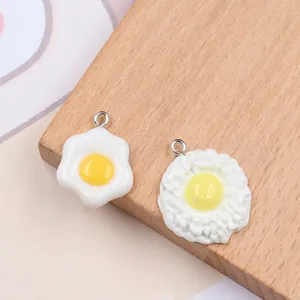 Realistic resin fried egg charms with silver metal rings for DIY jewelry and phone cases
