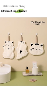 Three-piece hanging cat-shaped coral fleece towels for bathroom and kitchen use