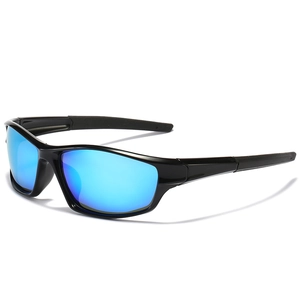 Polarized sports sunglasses for men featuring a black frame and blue mirrored lenses