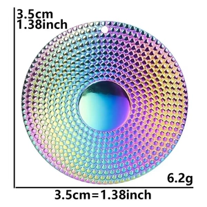 Detail of a 3.5cm rainbow stainless steel round pendant with a honeycomb textured finish
