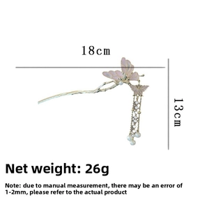 Detail view of butterfly hairpin with dimensions 18cm length and 13cm pearl tassel