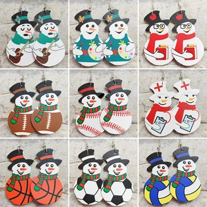 Snowman Dangle Earrings Lightweight PU Leather Sporty Baseball Football Theme Christmas Festive Winter Jewelry For Women