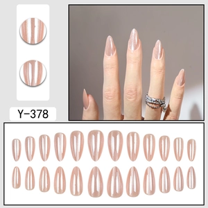 Almond nude cat-eye press-on nails with shiny finish and full set display