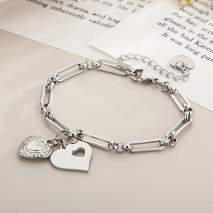 Polished titanium steel paperclip link bracelet with heart charms and lobster clasp