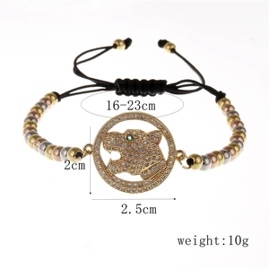 Bracelet ajustable à perles tête de léopard en or et argent avec zircons cubiques
