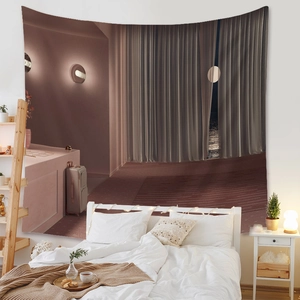 Detail of bohemian surrealist tapestry featuring dreamy purple interior and grey curtains
