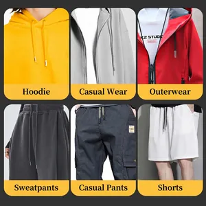 Various casual sportswear including hoodies and joggers with drawstring detail