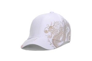 Detail shot of golden dragon pattern print on white cotton twill baseball cap fabric