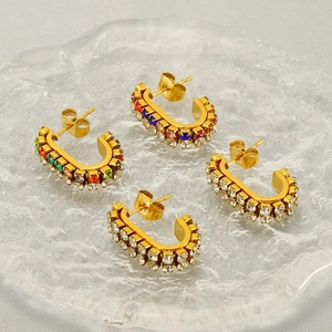 Chic 18k gold plated stainless steel C-shaped hoop earrings with sparkling crystal stones