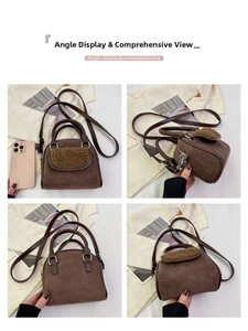 Detailed views of the brown plush suede handbag from front, back, side, and bottom angles