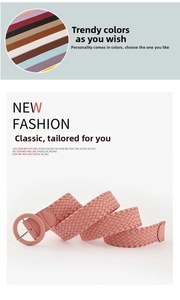Close-up of woven pink PU belt with a matching round buckle and multiple color swatches