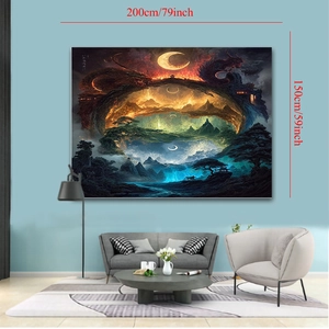 Detailansicht eines 200x150cm Fantasy-Wandteppichs mit Drachen und Bergen an der Wand