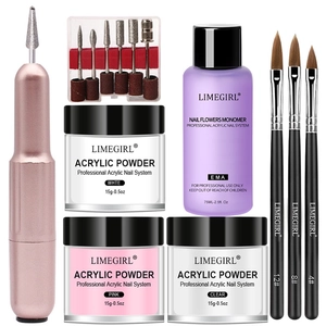Detail view of nail acrylic kit including pink drill, powders, liquid, and brushes