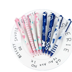 Floral pattern retractable gel pens in pink and blue on a white ceramic display plate