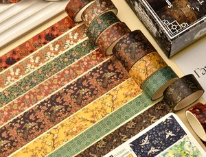 Detailed close-up of vintage washi tapes with traditional Chinese landscape and crane motifs