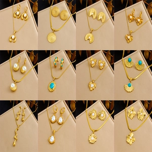 Vintage Gold Plated Stainless Steel Jewelry Necklace And Earrings For Women Heart Fan Shape Turquoise Artificial Pearl Accessory