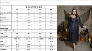 Detailed size guide for plus size sequin party dress with metrics from 1XL to 4XL