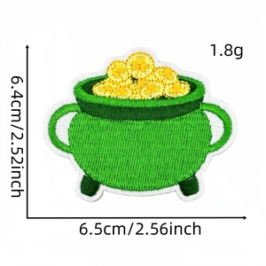 Macro detail of St. Patrick's Day pot of gold embroidery patch with size measurements
