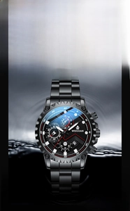 Detail of black stainless steel watch submerged in water showing 30M water resistance