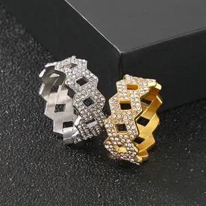 Hip Hop Men Ring Stainless Steel Full Rhinestone Geometric Hollow Chain Jewelry Trendy Fashion Gift