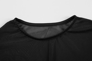 Close-up of the round neckline on a black sheer mesh dress with fine stitching details