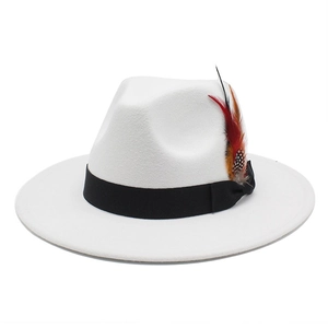 Detail of white fedora hat featuring a black satin band and natural feather accent