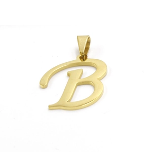 Close-up of golden letter B pendant with lobster clasp in polished stainless steel