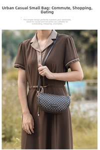 Detail shot of a vintage brown saddle bag with dot print worn by a model in casual style