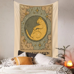 Bohemian tarot style tapestry featuring a cat in a waning moon for bedroom wall decor