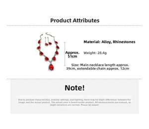 Detailed specs of luxury ruby red rhinestone necklace and earring set with dimensions