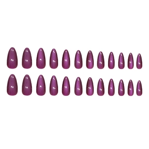 24-piece purple cat-eye magnetic press-on nails in long almond shape on white background