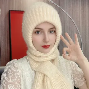 Integrated Winter Knit Hat Scarf Set Women Warm Fleece Lined Windproof Ear Protection Neck Warmer Outdoor Beanie With Bow