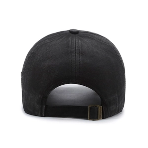 Rear view of black washed cotton baseball cap with adjustable strap and metal buckle