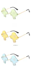 Detailed comparison of mushroom rimless sunglasses in green, yellow, and blue colors
