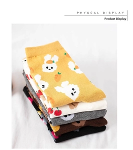 Detail view of five pairs of cotton socks with cute animal patterns in autumn colors