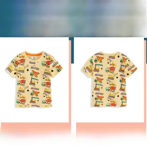 Vorder- und Rückansicht des Jungen-T-Shirts mit bunten Baustellenfahrzeug-Aufdrucken